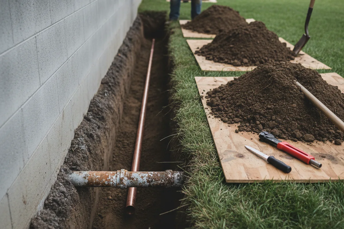 Excavated water line trench during Sewer Line Repair in Dwale